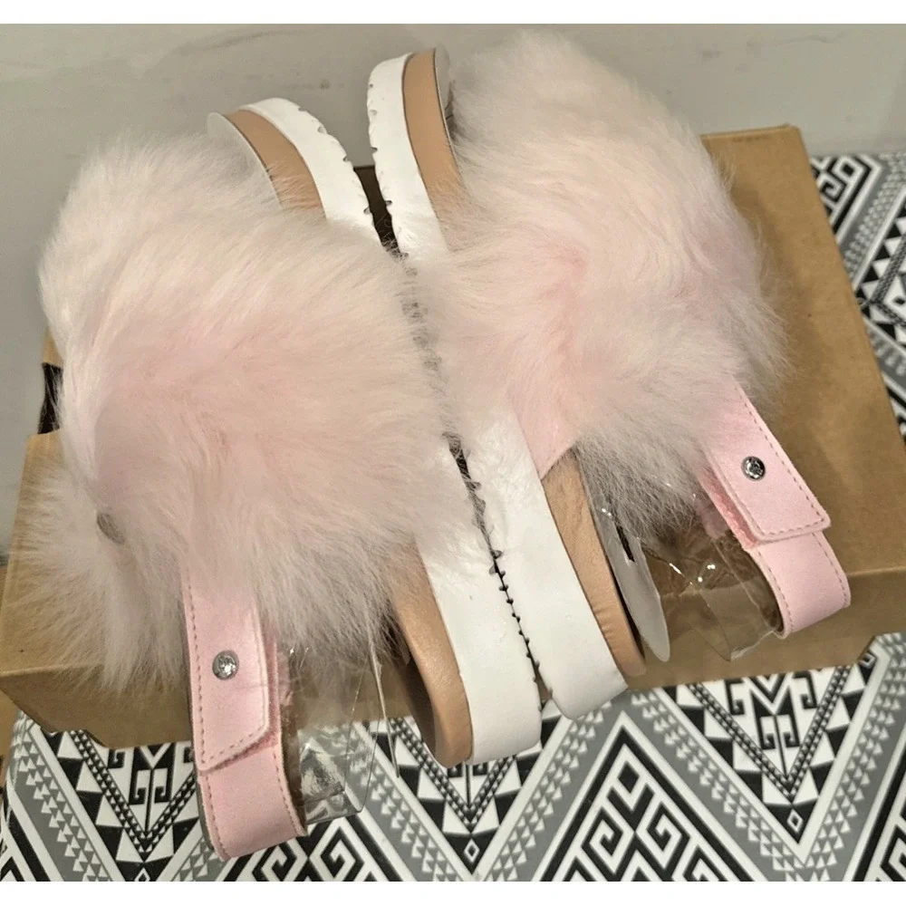 UGG Big Girls Size 5/ EU 35 Holly Fuzzy Sling Back Fur Sandals Seashell Pink